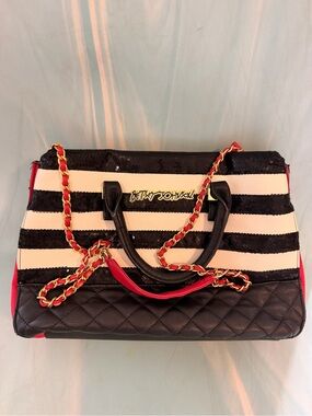 Betsey Johnson Black & White Striped Tote ❤️🖤 Red gold Chain Accents